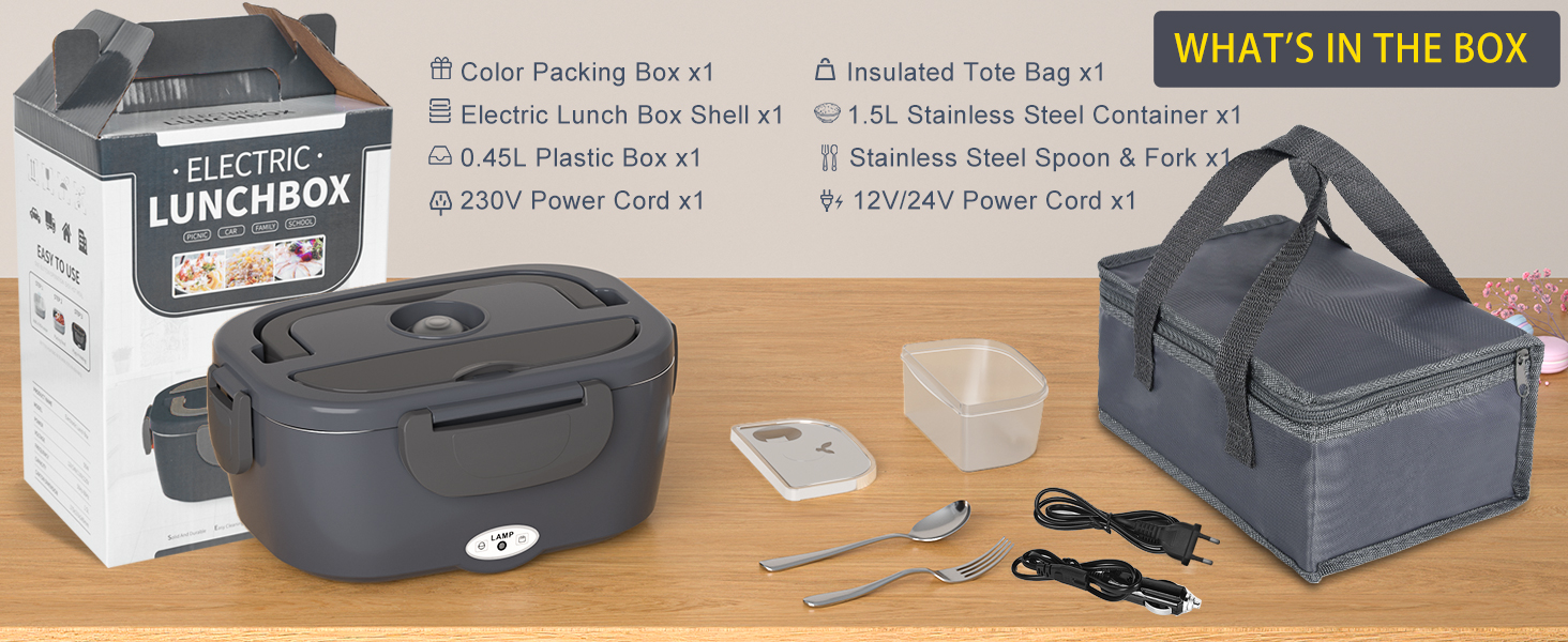 Електрична ланчбокс Carsolt 80W 1,5L з 3 функціями (нагрівання, термобокс, ланчбокс) для авто, офісу та дому. Висока якість, сірий колір, 12V/24V/230V, знімний контейнер. Безпечна від протікання.