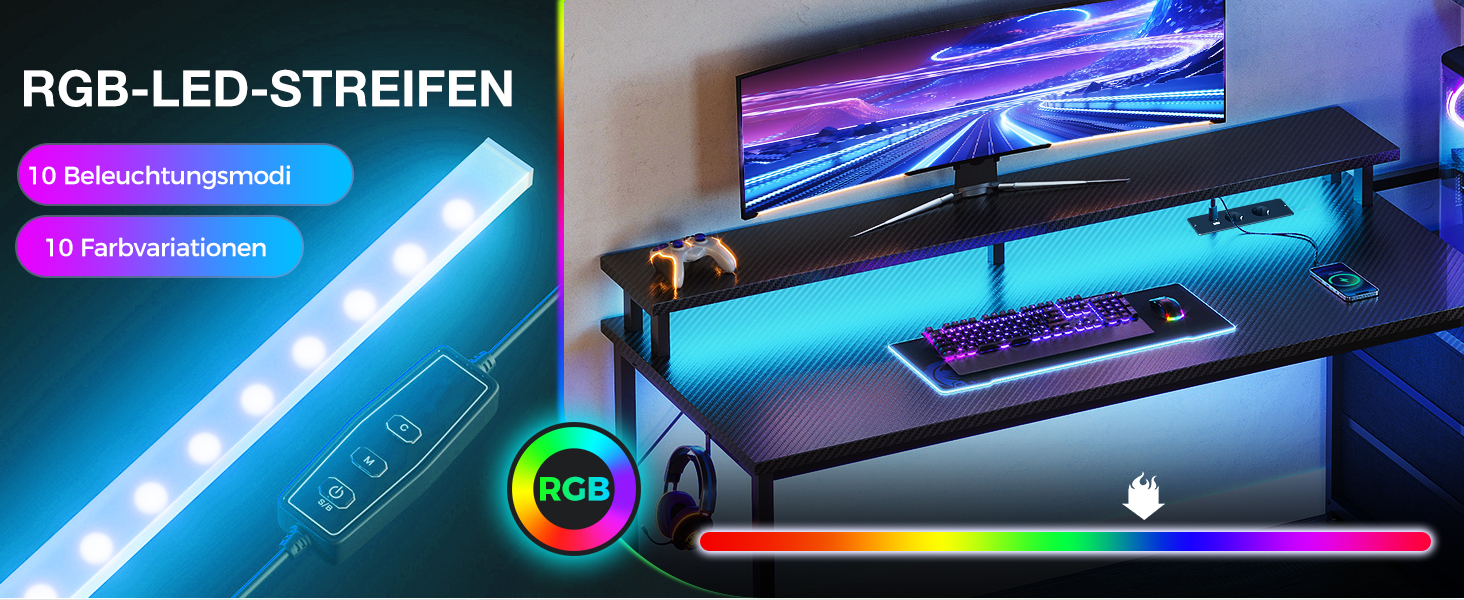 Ігровий стіл Coleshome з шухлядами 151x50 см, LED-підсвічуванням та розеткою. Комп'ютерний стіл з полицями та підставкою для монітора, карбонове волокно, чорний.