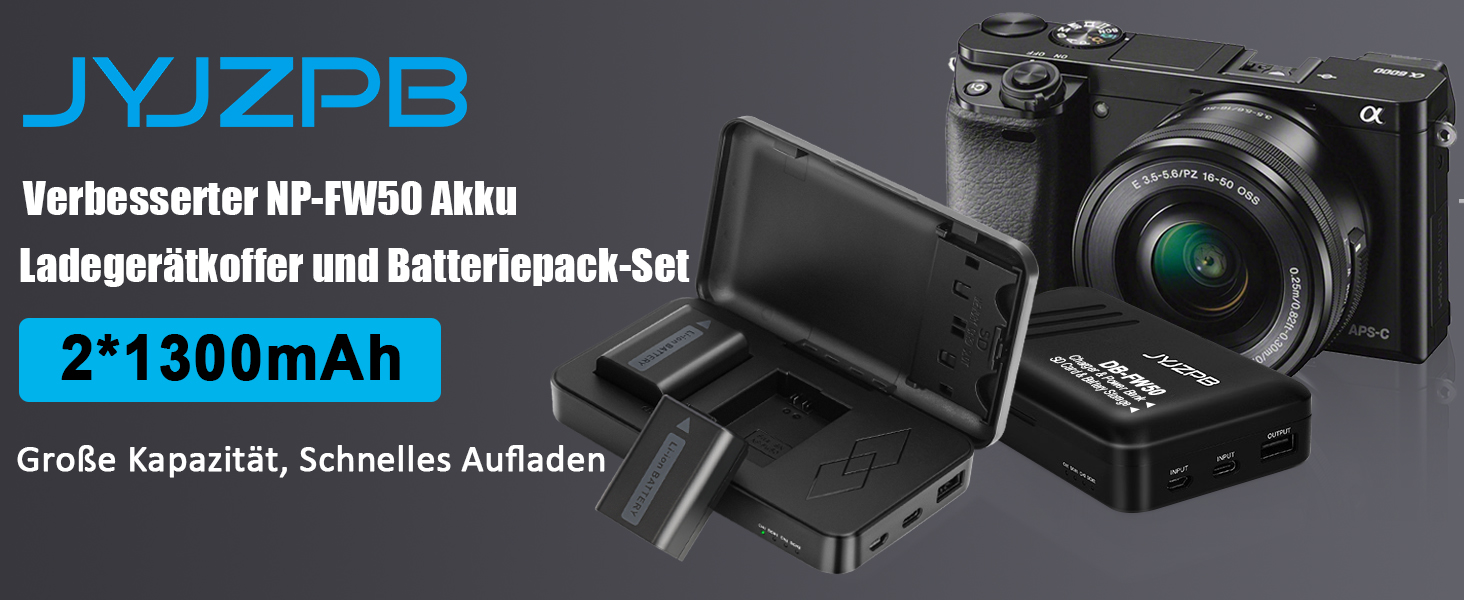 Запасний акумулятор JYJZPB NP-FW50 (2 x 1300mAh) з USB зарядним пристроєм та слотом для SD-картки для камер Sony Alpha A6000 A6300 A6400 A6500 ZV-E10 A7 A7 II A7R II A7SII A5000 A5100 NEX