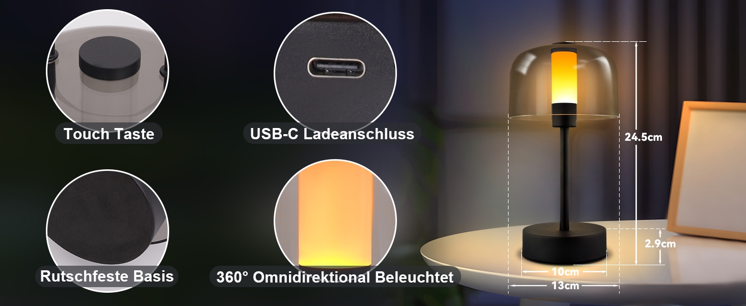 LED настільна лампа Homefire з акумулятором, диммуванням та USB-C зарядкою. Чорна металева лампа з акрилом, сенсорне керування, 1800K-6500K, з функцією пам'яті для дому