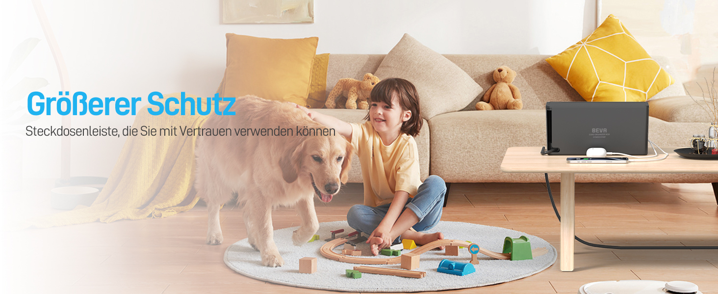 Блочок розеток BEVA з прихованими роз'ємами, 3680W/16A, захист від перенапруги 1050J, 2м кабель, 6 розеток + 3 USB-A + 1 USB-C (15W), з вимикачем, чорний