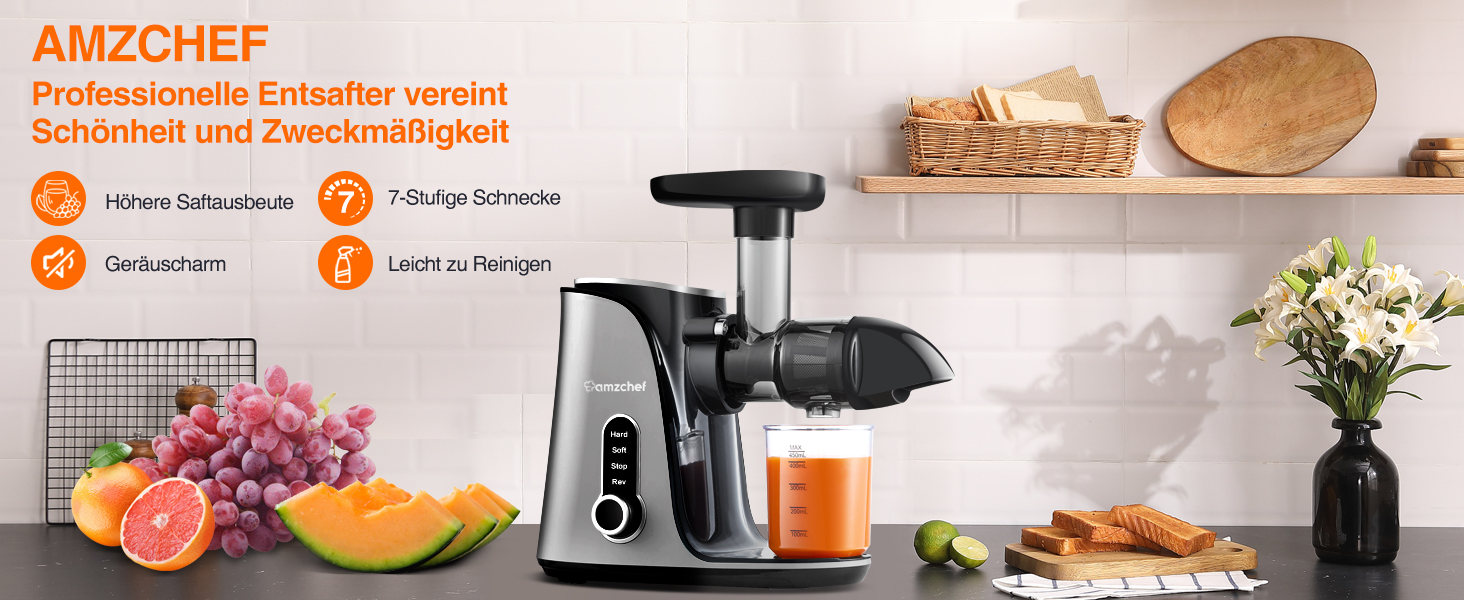 AMZCHEF Соковитискач повільний тип для овочів та фруктів - 2 швидкості, висока вихідність соку, зворотний функція, тихий електродвигун, сірий (перламутровий), розміри 38 x 15 x 34 см