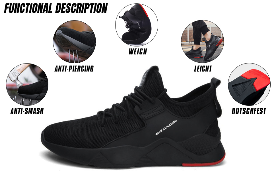 Черевики робочі BAOLESEM: спортивні, дихаючі, зі сталевим підноском, 45 EU, чорні