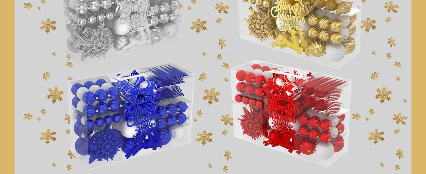 Набір прикрас для ялинки Aufun 108 шт. Преміум якість, пластик, з верхівкою, ялинкові кулі, зірки, безпечні прикраси, ялинкові кулі багаторазового використання, декор для ялинки (шампань, срібло)