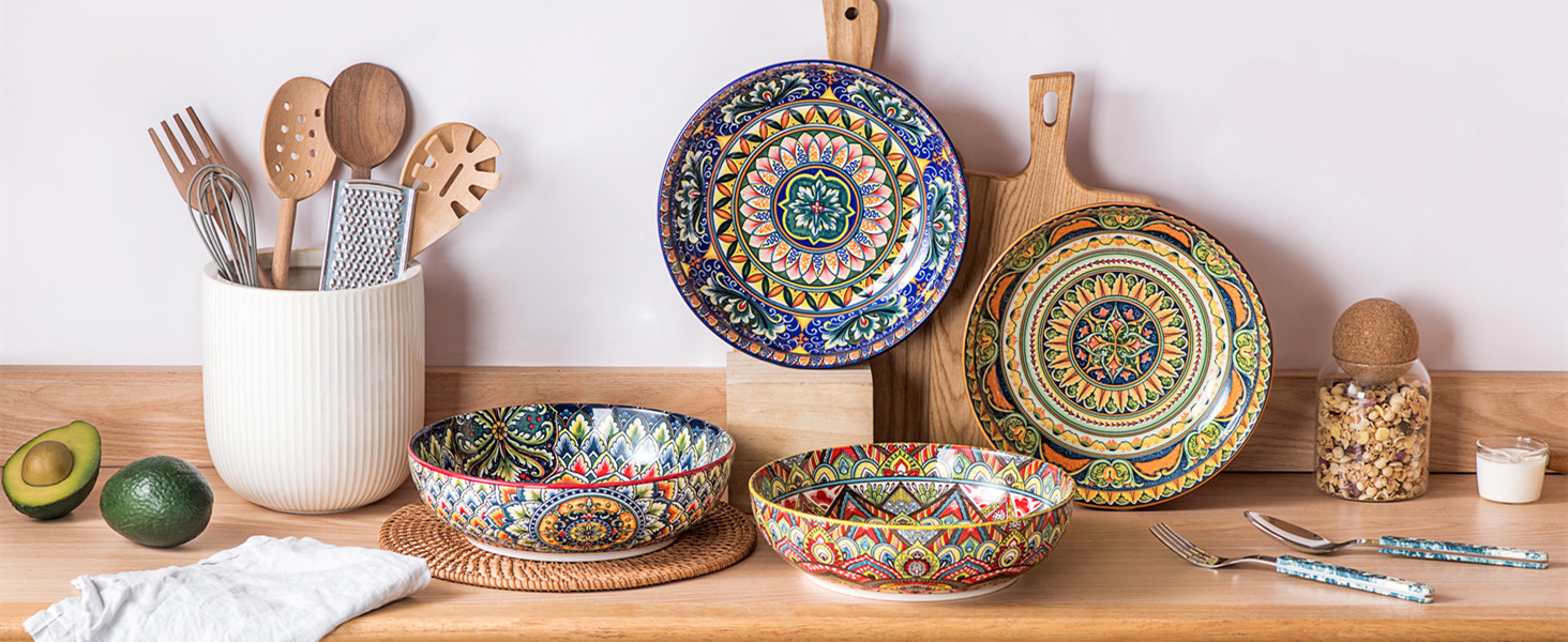 Набір тарілок Henten Home Mylo: 2 тарілки для супу та салатів, 1500 мл, бохо стиль (синьо-помаранчевий)