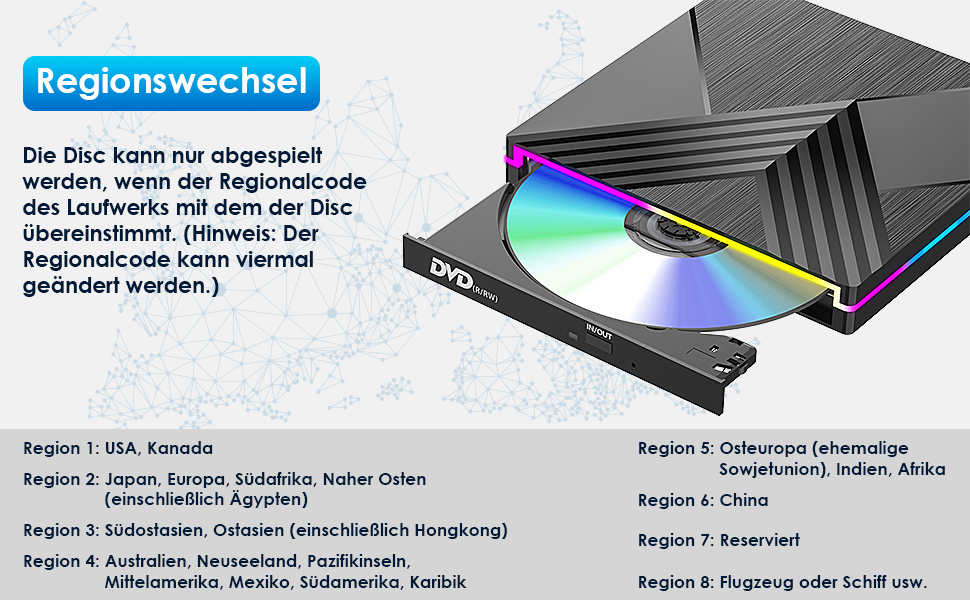 Зовнішній DVD-привід з RGB-підсвіткою, USB 3.0 та Type-C, CD/DVD+/-RW записувач та плеєр для PC, Laptop, MacBook (Windows, macOS, Linux)