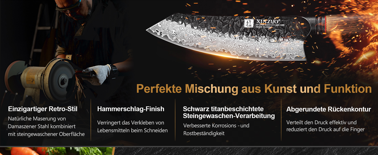 Ніж Сантоку XINZUO Damaststahl 19,3 см - професійний кухонний ніж з дамаської сталі, серія Mo, ергономічна ручка з білого дуба
