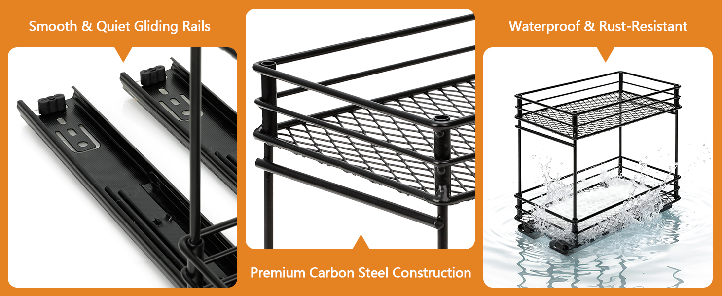 VINATO Висувна полиця для спецій на 2 яруси – органайзер для кухні з роликовими направляючими, підставка для спецій у шафку, полиця для спецій без свердління (26x15x21,8 см)