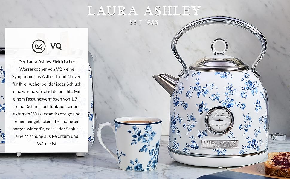 Laura Ashley Elveden Wireless Electric Kettle - 1.7L Stainless Steel, 2.2kW Fast Boil, Temperature Display & Overheat Protection
