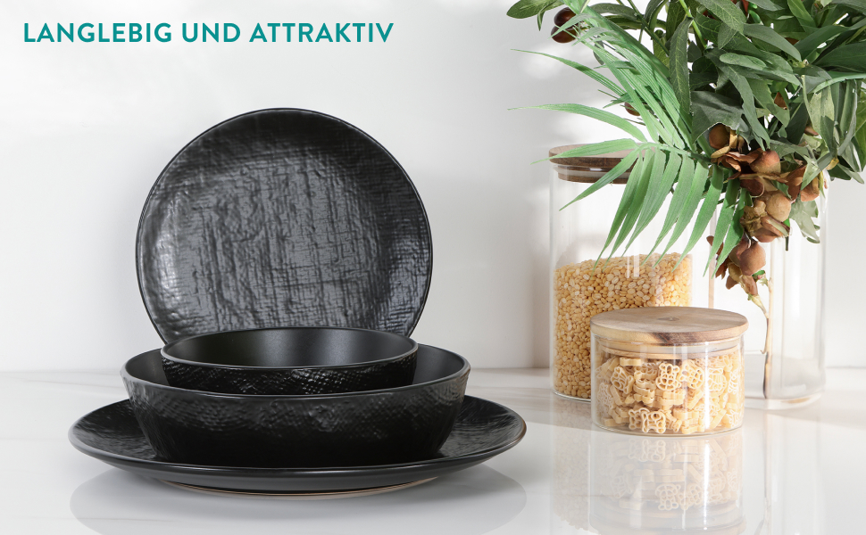 Набір посуду Navaris з каменю (16 предметів) на 4 особи - тарілки, супові тарілки, сервіз, набір посуду, антрацитовий колір