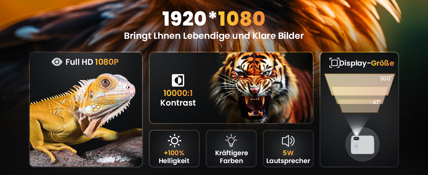 HOPVISION Beamer: проєктор 9500 люмен, 4K, Bluetooth, Full HD 1080p для домашнього кінотеатру. Сумісний зі смартфонами, HDMI, USB, ноутбуками, Fire Stick, PS5