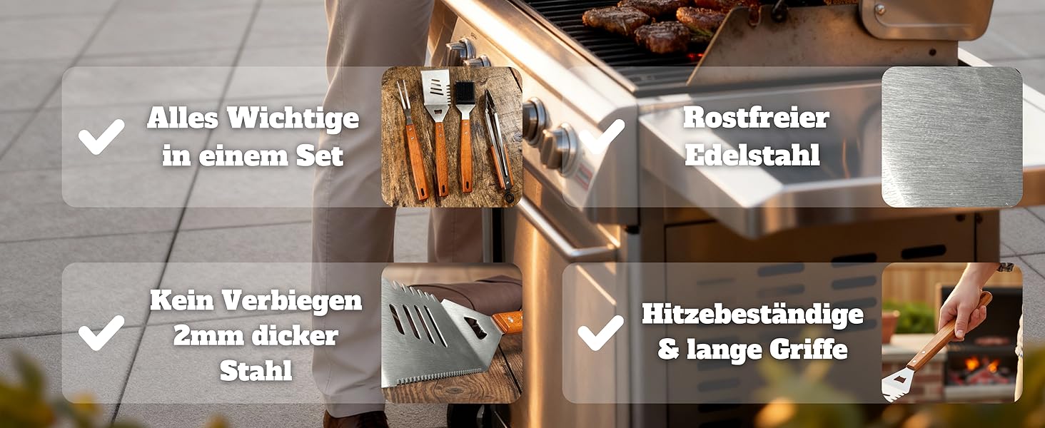 Набір для гриля для чоловіків: набір інструментів з нержавіючої сталі 3-в-1 (шпатель, щітка для чищення) – ідеальний подарунок для гриля, подарунки для гриля для чоловіків (без гриль-кейсу, без дерев'яного кейсу)