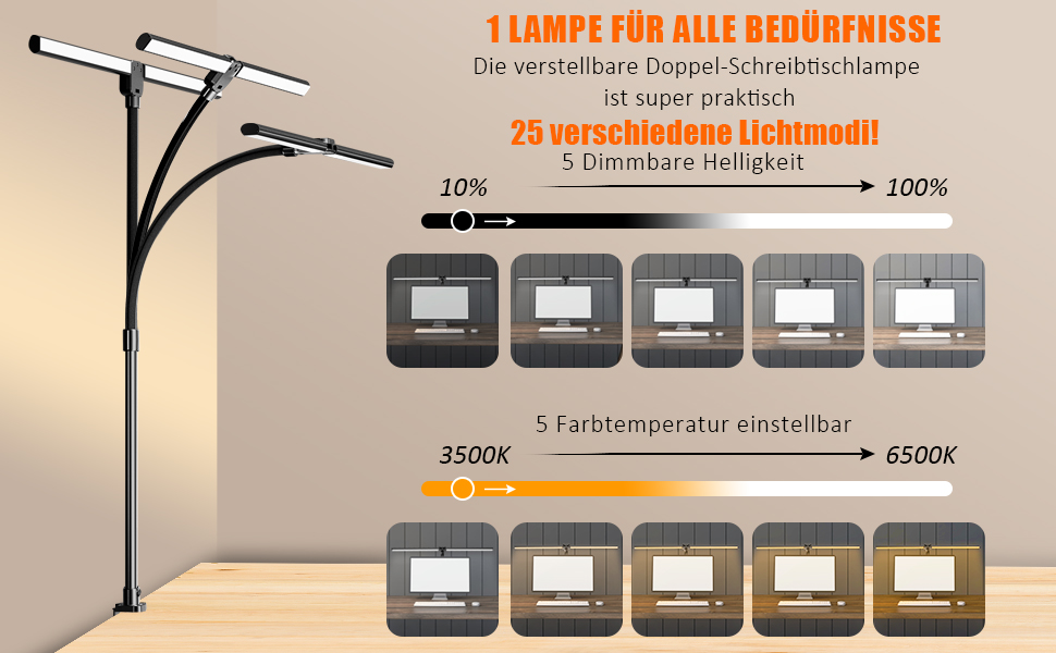 LED лампа для столу Doppelkopf з регулюванням яскравості, 24W, 80см, для дому/офісу, денне світло, лампа сови, кріпиться на стіл (чорний)