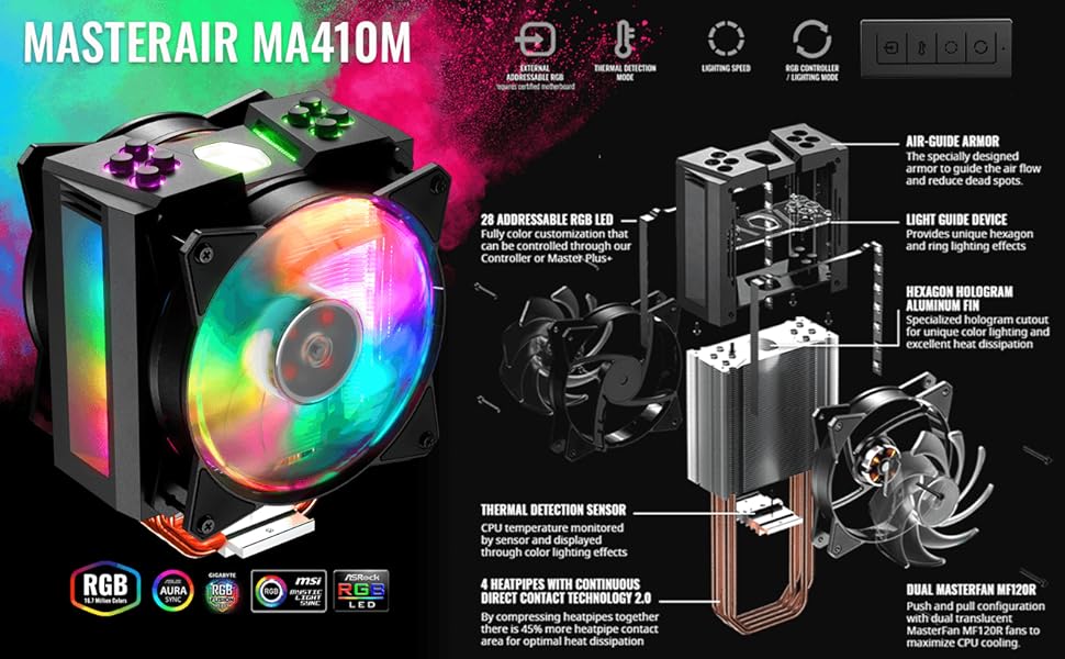 Охолоджувач CPU Cooler Master MasterAir MA410M з RGB підсвічуванням: двотурна конструкція, 6 heatpipes, тихий вентилятор SF120R