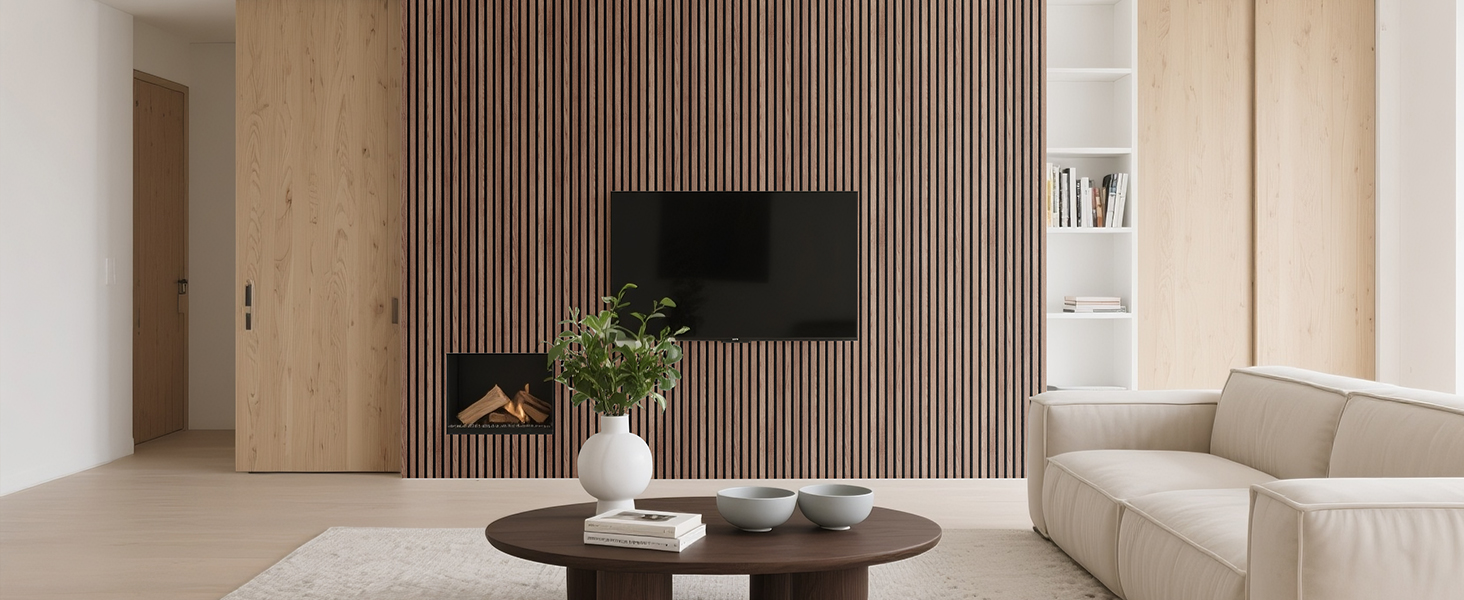 Акустичні панелі з дерев'яного шпону самоклеючі, набір 2 шт. 100x52 см, звукопоглинаючі стінові панелі для шумоізоляції та декору вітальні, офісу, коричневі