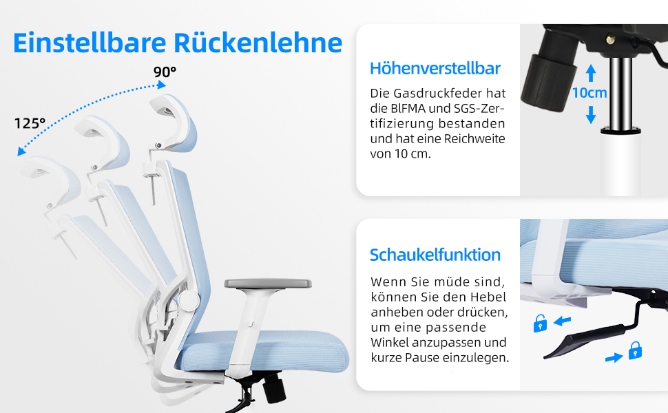 Ергономічне крісло Daccormax для офісу: регульована підголовник, підлокітники, підтримка попереку, поворотний механізм, функція гойдання, дихаюча сітка, для спини, до 150 кг (Блакитний)