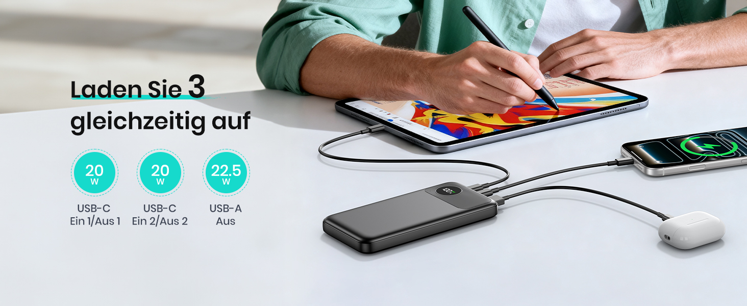 Power Bank A ADDTOP 20000mAh з LED-дисплеєм та швидкою зарядкою 22,5W (2 USB-C, 3 виходи, 2 входи) - чорний