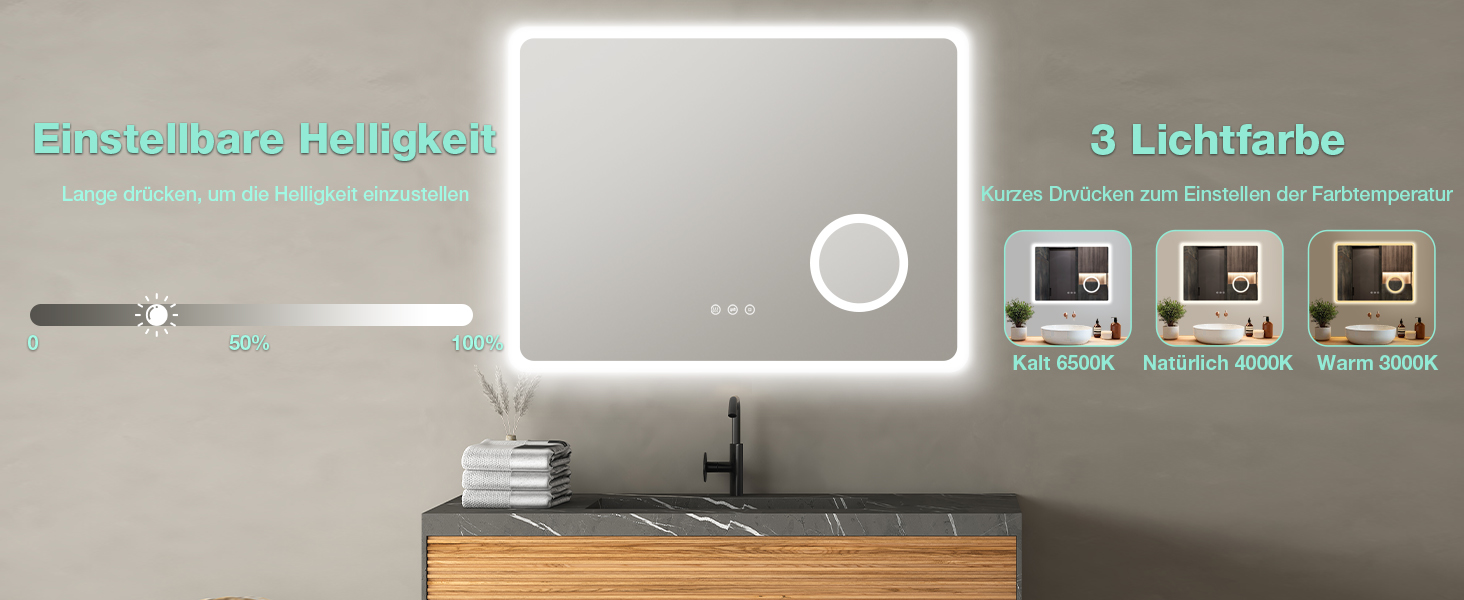 LED дзеркало для ванної кімнати 80x60 см з підсвічуванням, 3 кольори, регулювання яскравості, антизапарник, годинник, 3x збільшення, розетка