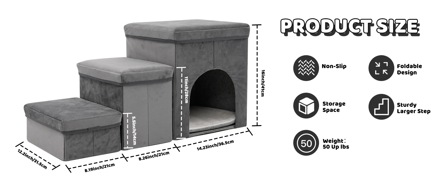 Сходинки для собак на 3 сходинки, 44 см, з місцем для зберігання. Підходить для маленьких собак та котів, зручні для літніх тварин (сірий)