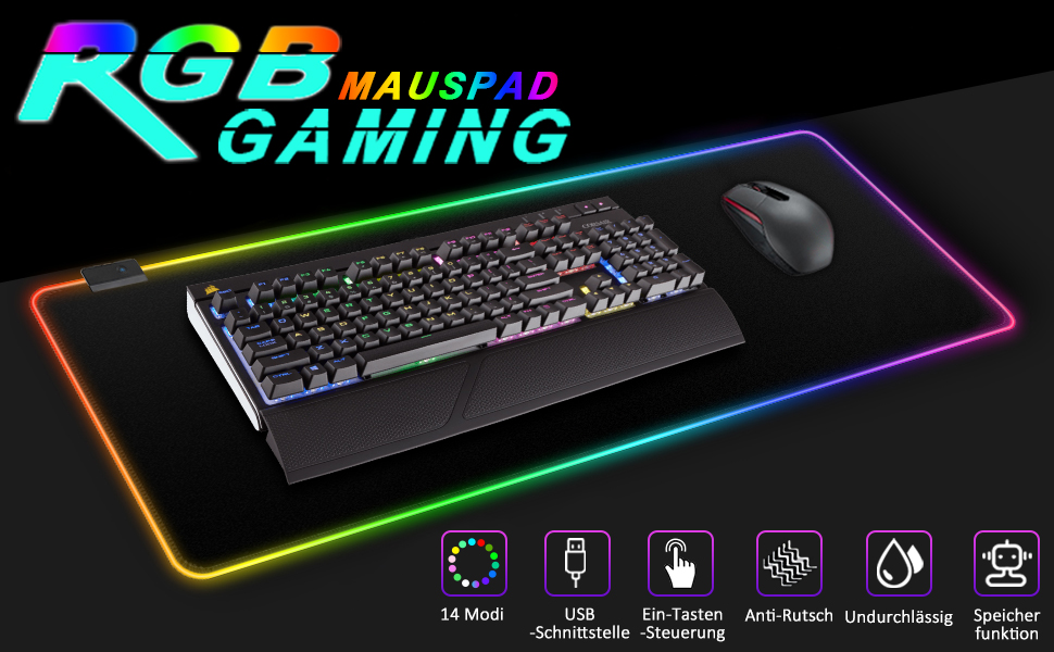 Килимок для миші ігровий RGB 800x300mm XXL, великий, з 14 режимами підсвічування, 7 LED кольорами, вологостійкий, з антиковзким покриттям для комп'ютера, ПК, професійних геймерів, чорний