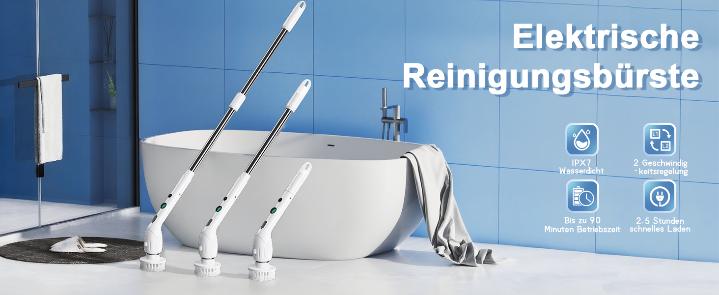 Електрична щітка для чищення з 9 насадок, щітка для швів, водонепроникна IPX8, електричний скрубер з регульованою ручкою, 2 швидкості для ванної кімнати, кухні, авто, підлоги, білий+чорний
