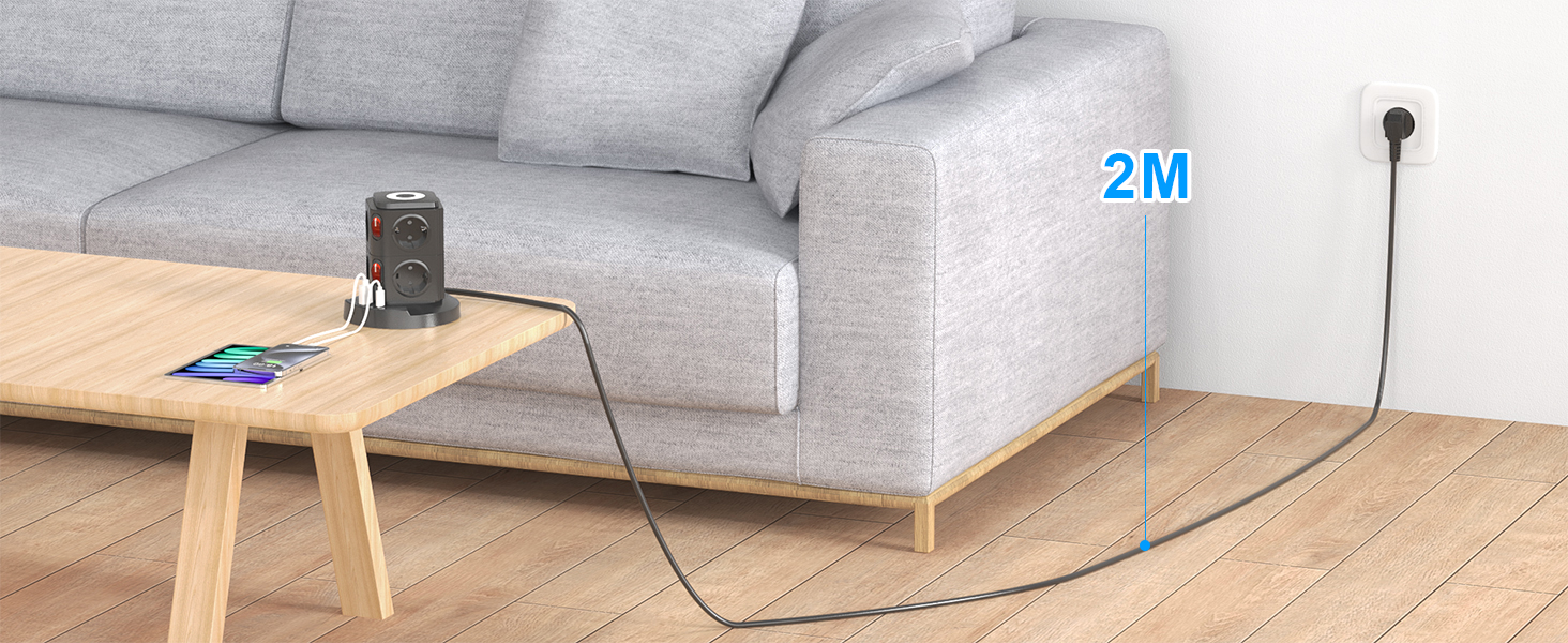 Мережевий фільтр BEVA на 8 розеток з USB-C та USB-A, LED-підсвіткою, 2 окремими вимикачами та захистом від перенапруги, кабель 2м, 2500Вт, чорний