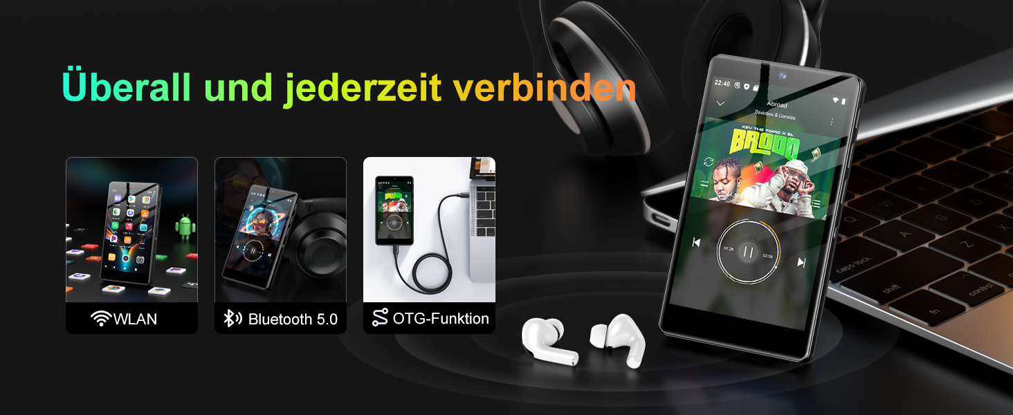 MP3 плеєр 96GB з Bluetooth, WiFi, Android 13, камерою та гучномовцем. Плеєр MP4 для Spotify, Kids, Audible, Amazon Music, Play Store - Чорний