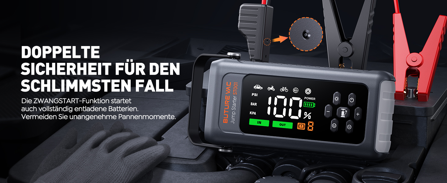 Powerbank Starthilfe 5000A з компресором 150PSI: акумулятор для авто 12V, бустер, аварійний старт, ліхтарик, рукавички