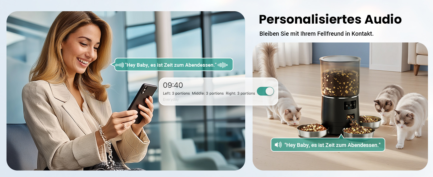 Автомат годівлі для котів з APP та таймером, 6 л / 25 порцій, 3 миски, 3 пакетики силікагелю, система запобігання застряганню, WiFi 2.4G, запис голосу, чорний