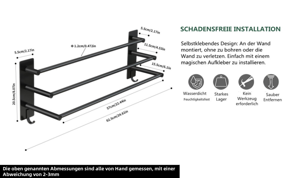 Тримач для рушників Vista з 3-ма штангами, без свердління, нержавіюча сталь SUS304, сріблястий, з двома гачками, 60 см, для кухні, ванної кімнати, спальні