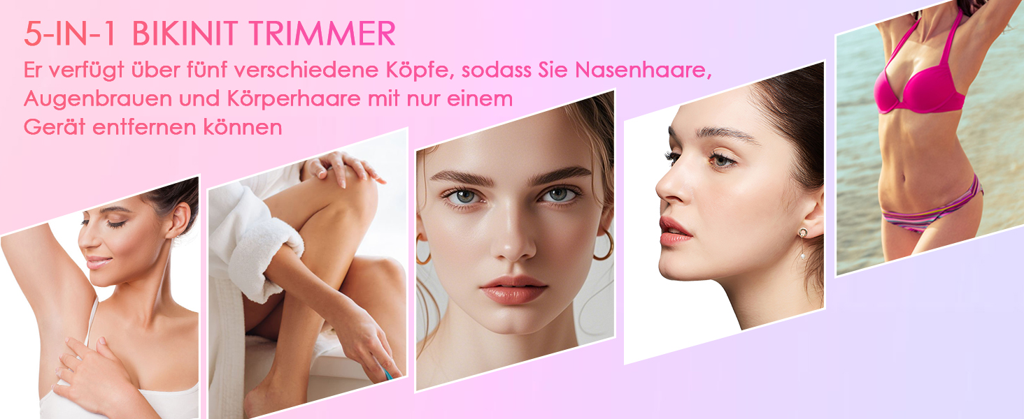 Електричний жіночий епілятор 5-в-1 з 3 насадками для бікіні, обличчя та тіла, водонепроникний (IPX7)