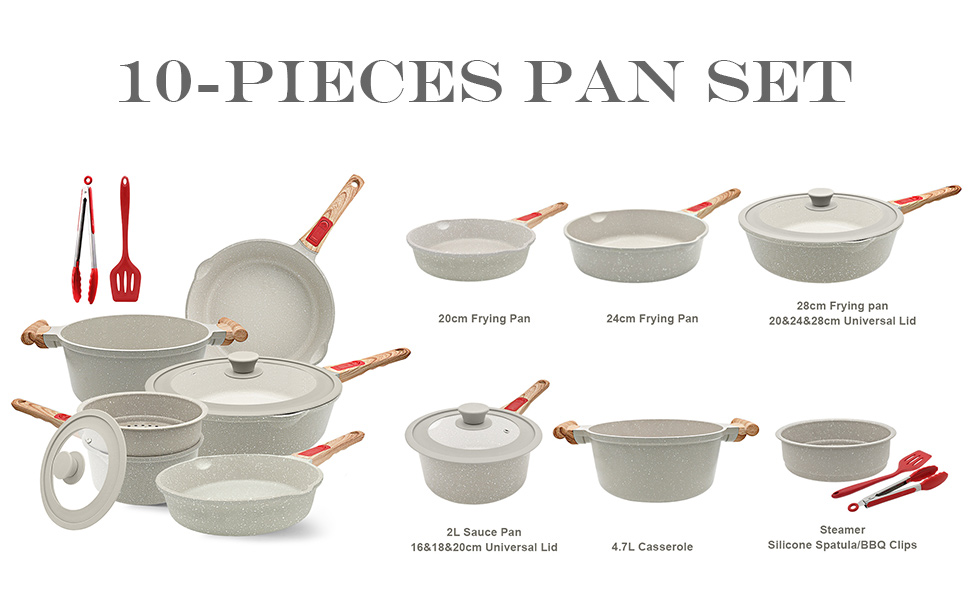 Набір посуду AIKENBBKK 10 предметів: сковороди з кришкою 20, 24, 28 см, каструля з ручкою 18 см + пароварка, каструля 4.7 л, антипригарне покриття, знімний ручка (білий)