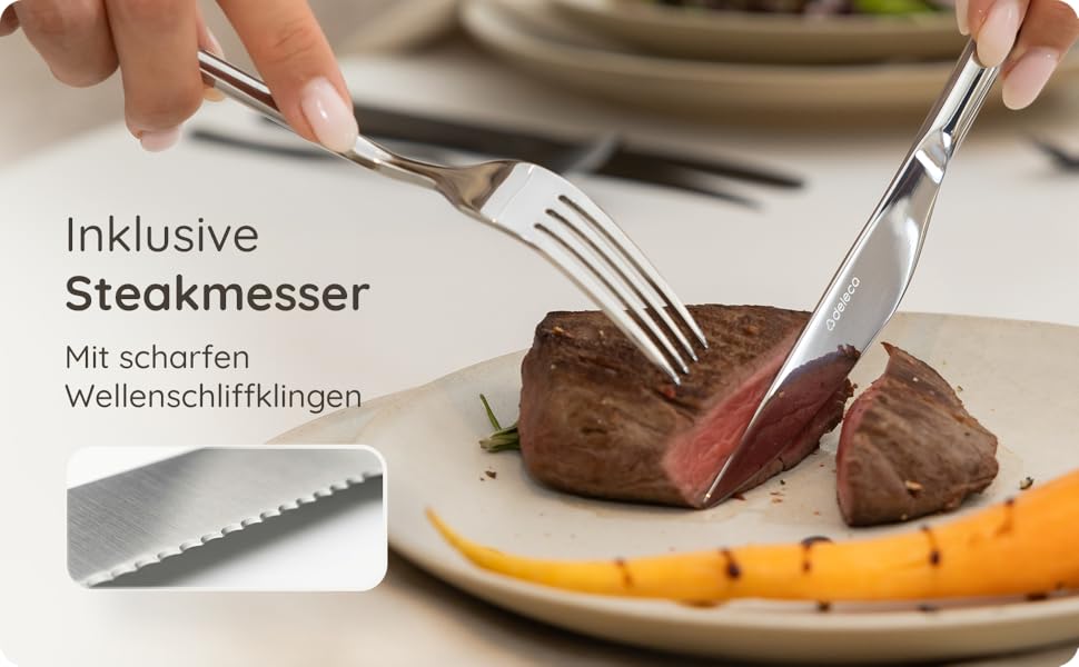 Набір столових приборів 36 предметів з нержавіючої сталі 18/0 на 6 осіб, сріблястий: ножі, виделки, ложки, ніж для стейка, виделка для торта, для повсякденного використання та прийому гостей, безпечні для посудомийної машини