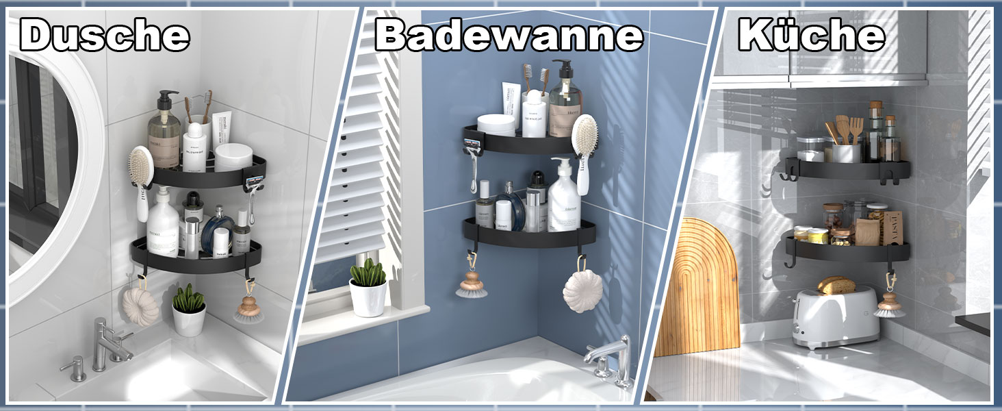 Дзеркальна поличка для душу кутова без свердління чорного кольору, 2 шт. з гачками для шампуню та мила, захист від іржі