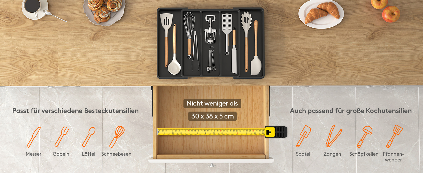 Органайзер для столових приборів Lifewit в шухляду, розширюваний 33-57 см, чорний, пластик, 38х5х38 см