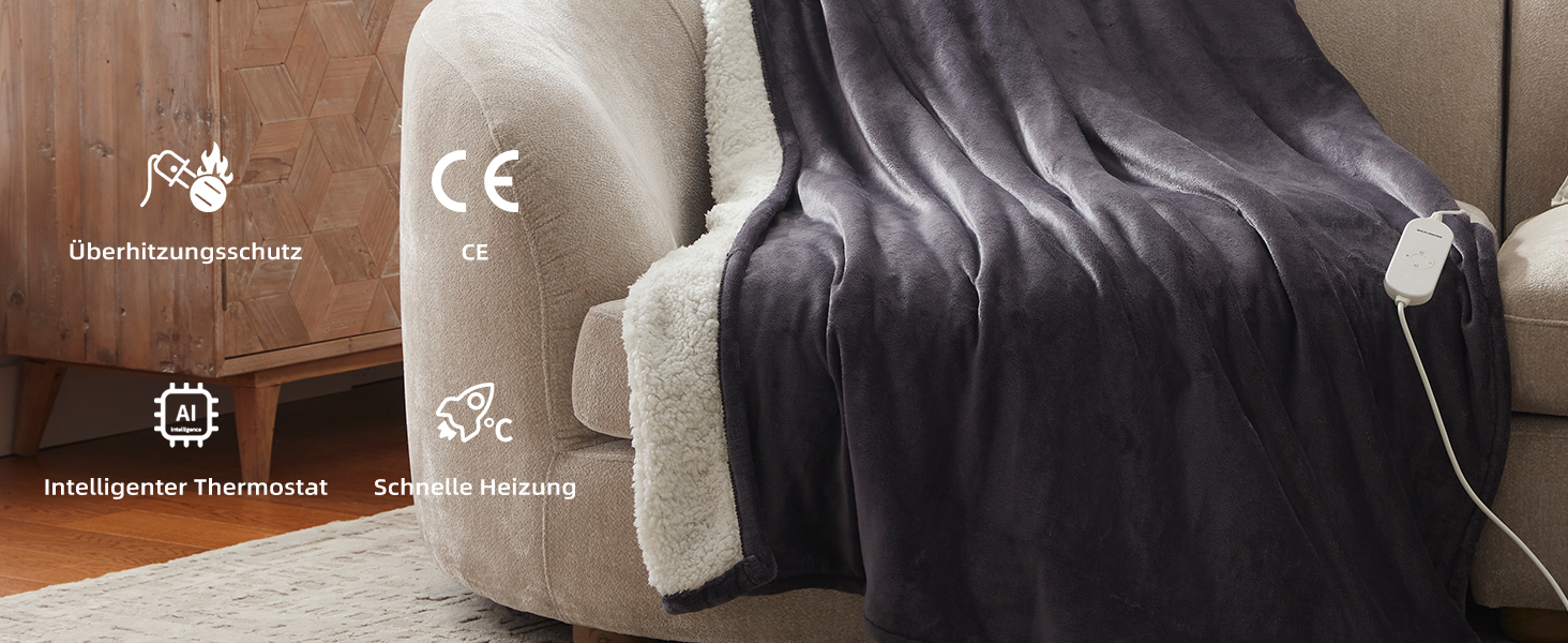 Електрична гріюча ковдра 130x180 см з таймером та захистом від перегріву, 9 режимів нагріву, функція пам'яті, фланель, для спальні, офісу