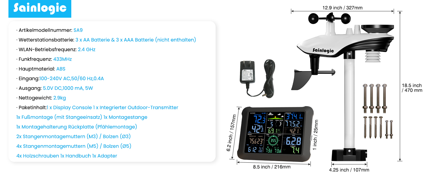Метеостанція Sainlogic WLAN SA9 з AI Weatherseed®: 14-в-1, датчик опадів, вимірювач вітру, UV-індекс, великий дисплей 8.5