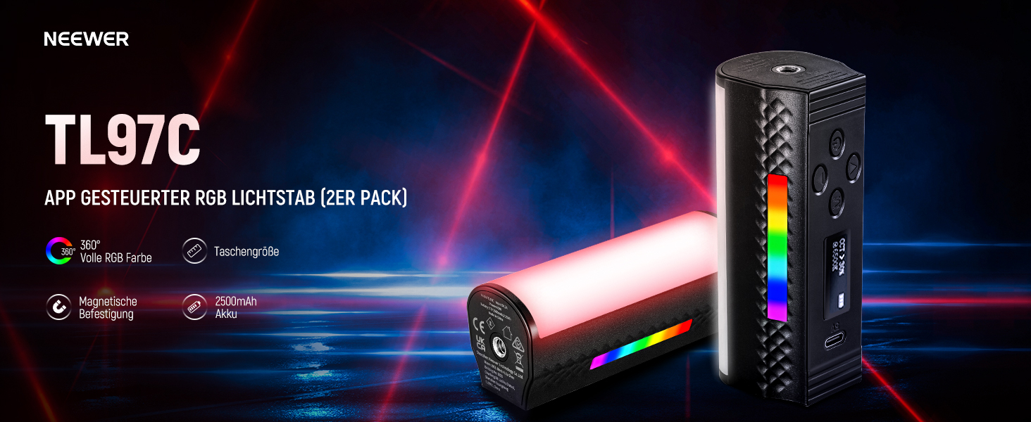 NEEWER LED відеосвітло з магнітним тримачем та штативом, RGB, 2500-8500K, 2500mAh, TL96RGB/TL97C (2 шт.)