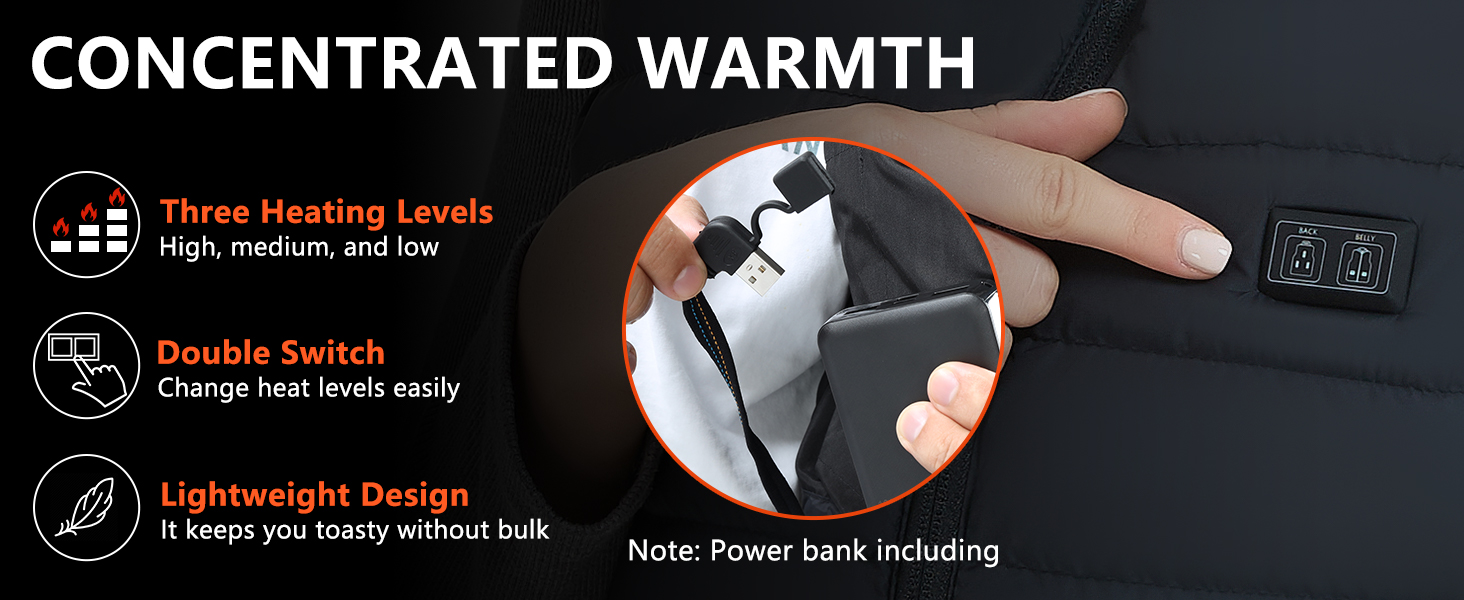 Обогревна жилетка для чоловіків та жінок: тепла зимова жилетка з підігрівом, акумулятор 5V 10000mAh, 3 режими температури, придатна для прання, для активного відпочинку, чорний M