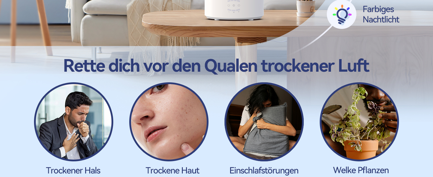 Ультразвуковий зволожувач повітря Raydrop 3L з аромадифузором та LED-підсвіткою, для спальні, дитячої кімнати та великих приміщень