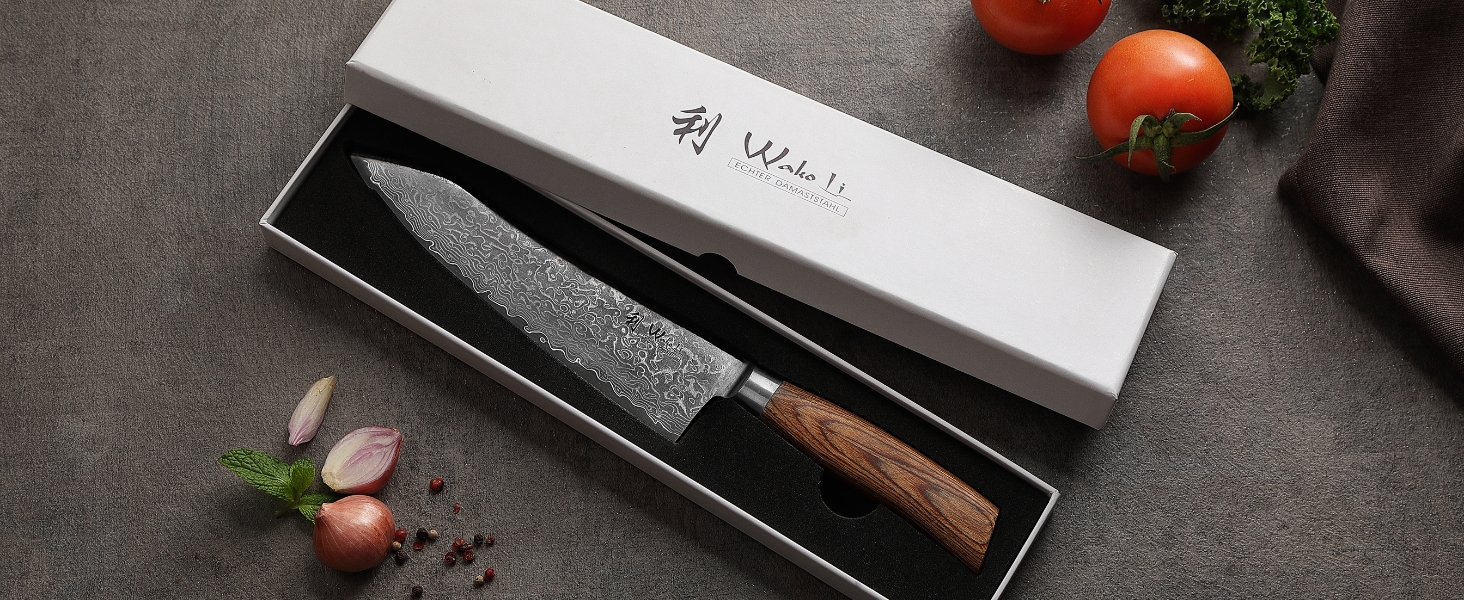 Ніж Wakoli EDIB Pro Kiritsuke Дамаск (VG10) 20 см – Кухонний ніж для нарізки, подарункова коробка
