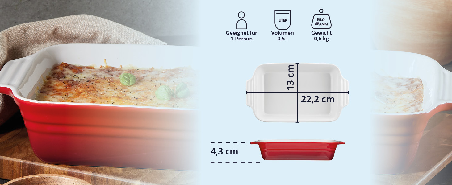 Форма для запікання KHG середнього розміру 34 см, 1,75 л, червона, для 3-4 осіб. Прямокутна керамічна форма для запікання з каменю, стійка до подряпин. Підходить для лазаньї, тірамісу та інших запечених страв. 1 шт. (34 см)
