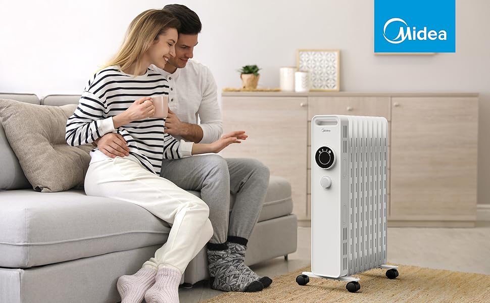 Радіатор масляний Midea 2000W, енергозберігаючий, тихий, з 9 ребрами, термостатом, 3 режими, захист від замерзання, LED дисплеєм, захистом від перекидання та перегріву, ECO-режим