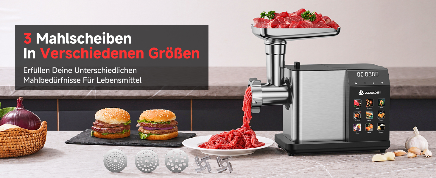 М'ясорубка електрична AAOBOSI 3000W з LED-дисплеєм, 3 швидкості, анти-затор, контейнер для зберігання, для ковбас та кібе, срібляста
