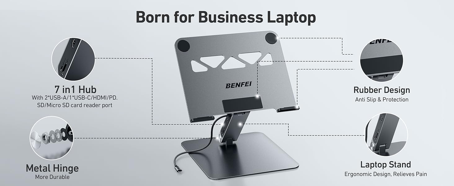 Підставка для ноутбука BENFEI 7-в-1 з USB-C док-станцією – HDMI (4K@60Hz), SD/Micro SD, 100W Power Delivery, 10Gbps (USB-C & USB 3.2) – для MacBook Pro/Air, iPad Pro, XPS, ThinkPad