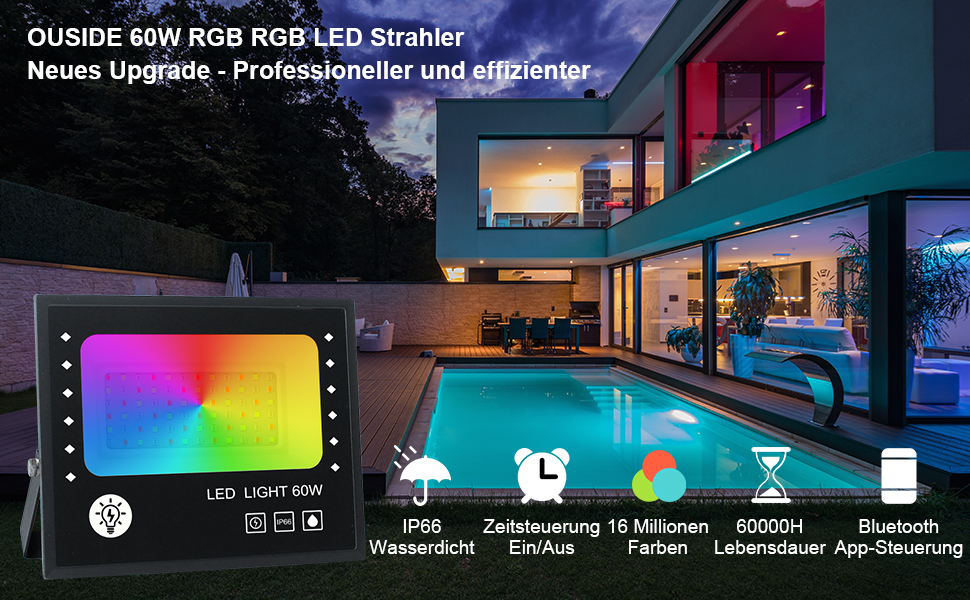 RGB LED прожектор 2 шт. 100Вт, вуличний Bluetooth світильник, IP66 водонепроникний, підсвітка для балконів, саду, декору, 60Вт (2 одиниці)