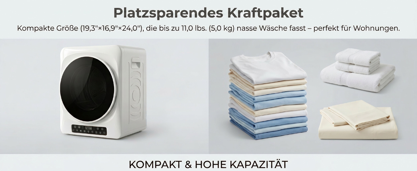Компактна сушарка для білизни HOMCOM 5 кг, міні-сушарка з відводом повітря, 9 програм, 1000 Вт, біла