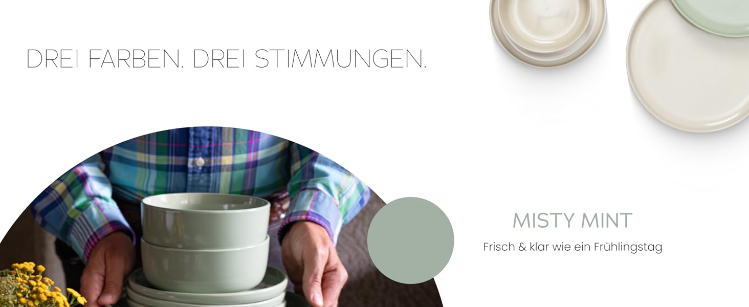 Набір посуду Feinsteinzeug на 6 осіб (18 предметів) — міцний, стійкий до подряпин, бежевий глянцевий | Столовий посуд, тарілки, миски — Magnetiks (Misty Mint, 18 предметів)