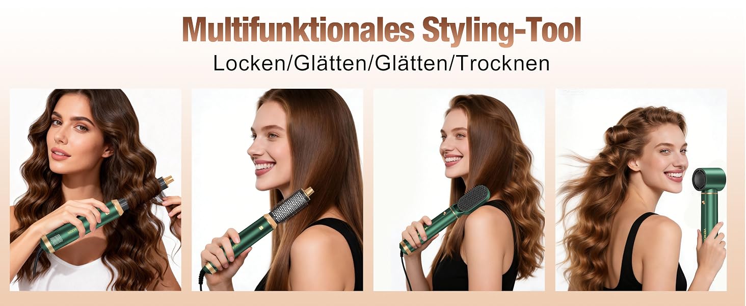 Мультистайлер для волосся 5-в-1 Air Styler 1000W: фен-щітка, автоматичний локон, вирівнювач та об'ємний стайлер, зелений