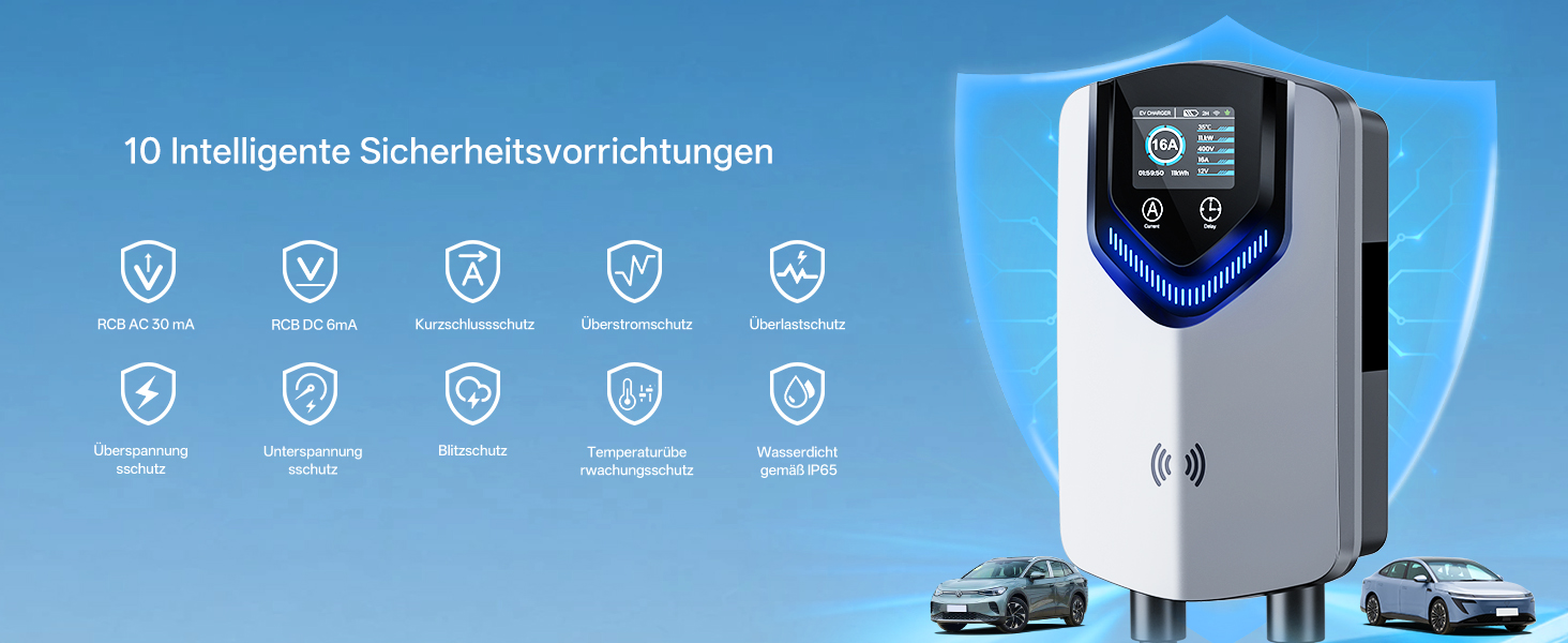 Wallbox 11 кВт з APP та RFID – Зарядний пристрій для електромобілів Typ 2 400V, 6-16A, кабель 8м з тримачем, RCD Typ B, IP54, програмування часу – для BEV/PHEV